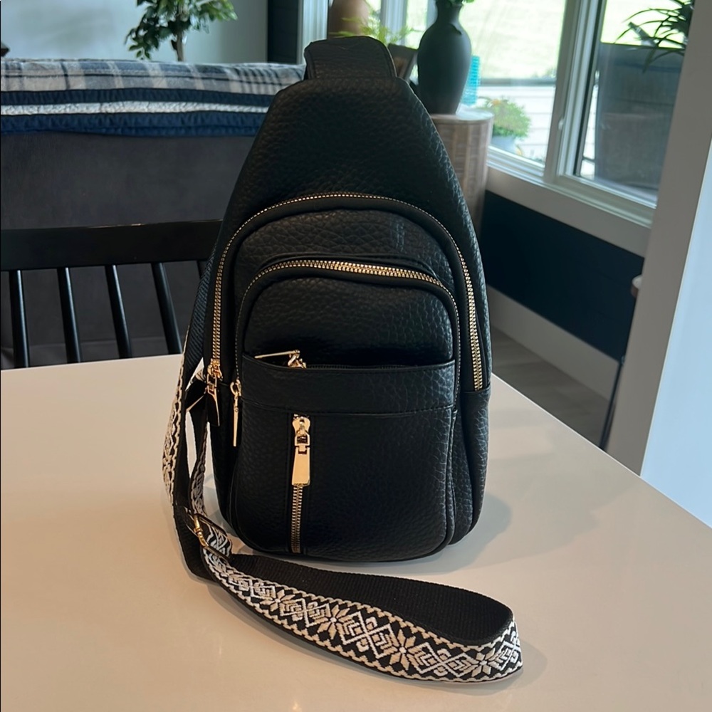 Black Sling Bag with Patterned Strap